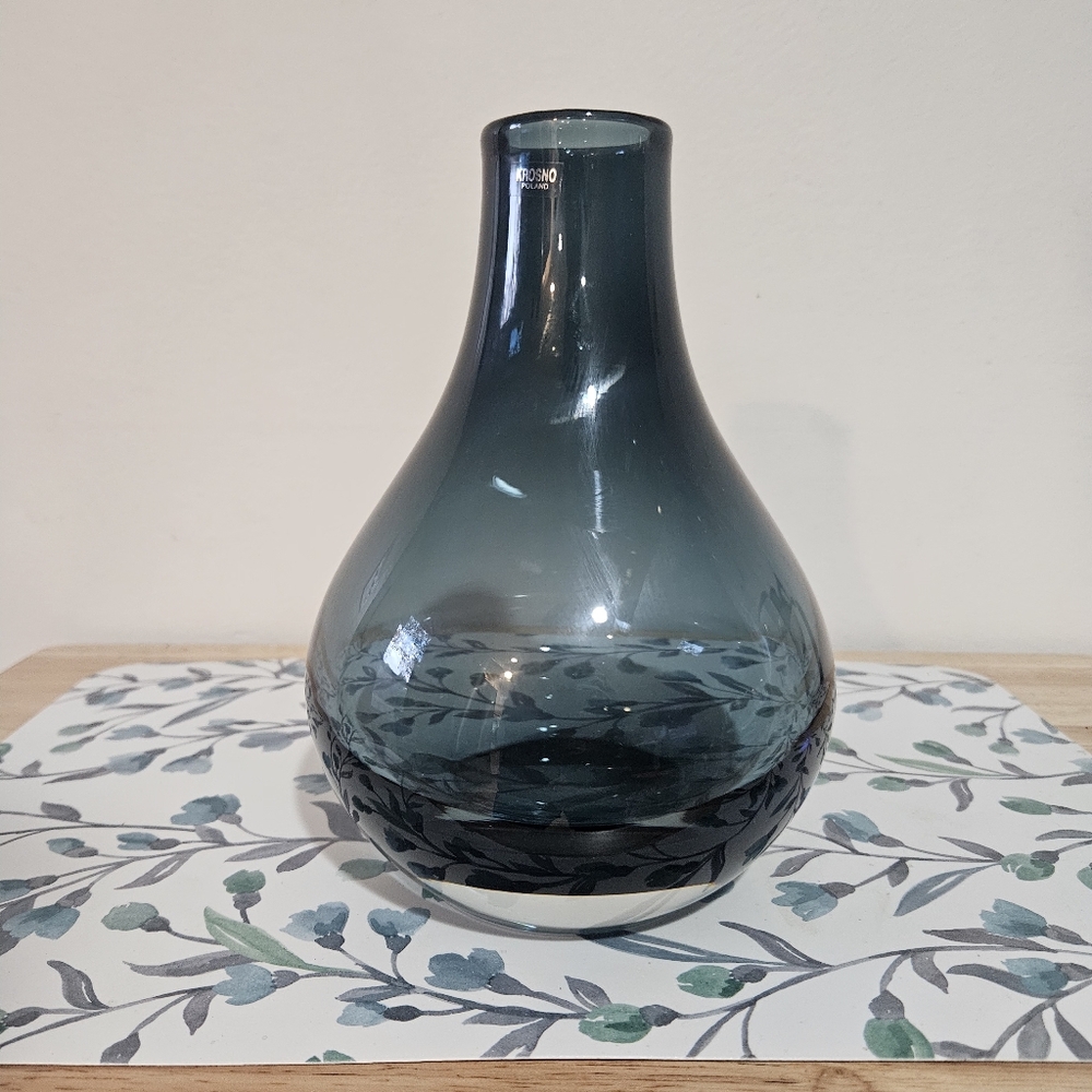 Vintage Krosno Poland Smokey Blue Glass Vase